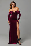 Burgundy Velvet Off the Shoulder Long Holiday Party Dress with Slit