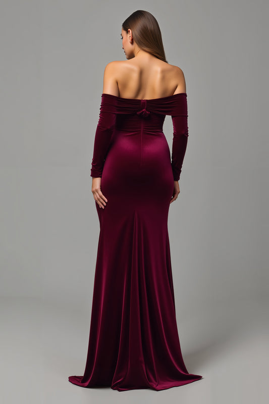 Burgundy Velvet Off the Shoulder Long Holiday Party Dress with Slit