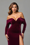 Burgundy Velvet Off the Shoulder Long Holiday Party Dress with Slit