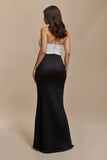 Black and White Patchwork Sweetheart Satin Long Formal Dress with Bow