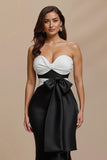 Black and White Patchwork Sweetheart Satin Long Formal Dress with Bow