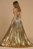 Sparkly Golden Metallic Spaghetti Straps Long Prom Dress with Slit
