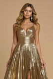 Sparkly Golden Metallic Spaghetti Straps Long Prom Dress with Slit