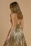 Sparkly Golden Metallic Spaghetti Straps Long Prom Dress with Slit