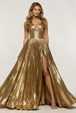 Sparkly Golden Thick Straps Metallic Long Prom Dress with Slit