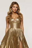 Sparkly Golden Thick Straps Metallic Long Prom Dress with Slit