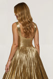 Sparkly Golden Thick Straps Metallic Long Prom Dress with Slit