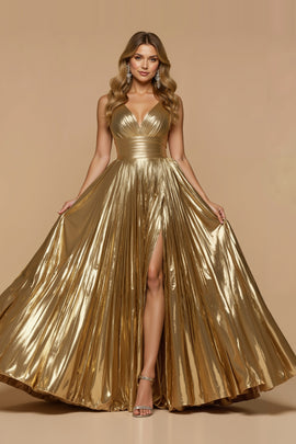 Metallic Golden Pleated A Line V-Neck Long Prom Dress with Slit