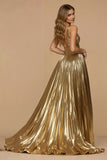 Metallic Golden Pleated A Line V-Neck Long Prom Dress with Slit