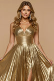 Metallic Golden Pleated A Line V-Neck Long Prom Dress with Slit