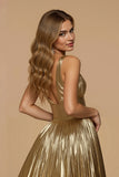 Metallic Golden Pleated A Line V-Neck Long Prom Dress with Slit
