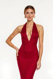 Red Satin V-Neck Mermaid Long Holiday Party Dress with Slit