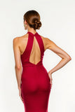 Red Satin V-Neck Mermaid Long Holiday Party Dress with Slit