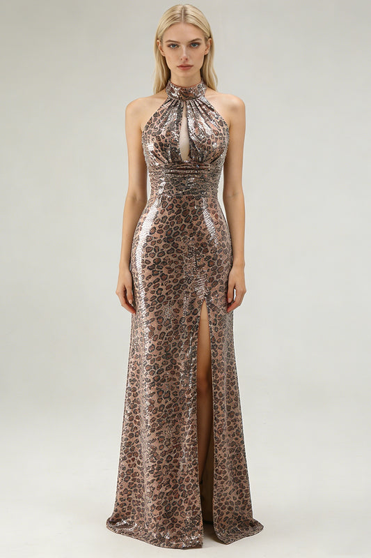 Sparkly Golden Leopard Mermaid Sequin Long Prom Dress with Keyhole