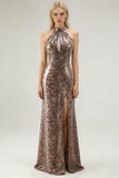 Sparkly Golden Leopard Mermaid Sequin Long Prom Dress with Keyhole