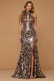 Zapakasa Women Sparkly Golden Leopard Long Metallic Prom Dress Ruched Party Dress with Slit Sheath Gala Dress with Keyhole