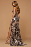 Sparkly Golden Leopard Keyhole Long Mermaid Holiday Party Dress with Slit