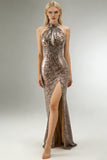 Sparkly Golden Leopard Mermaid Sequin Long Prom Dress with Keyhole