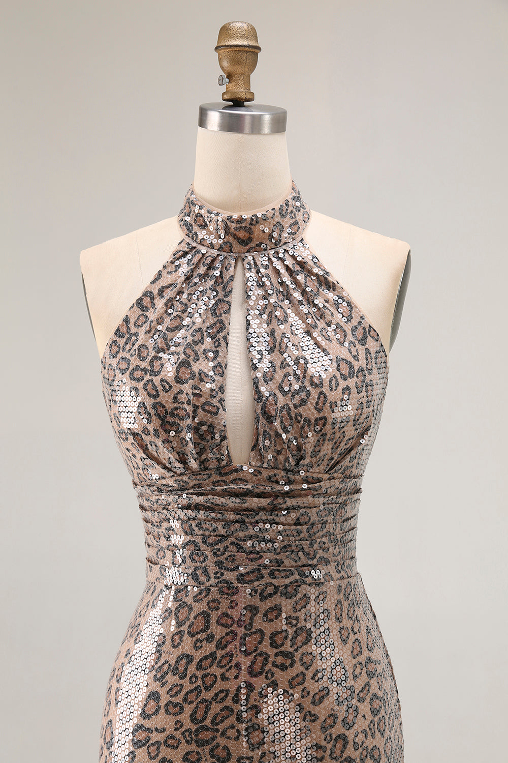 Sparkly Golden Leopard Keyhole Mermaid Sequin Long Prom Dress with Slit