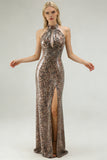 Sparkly Golden Leopard Mermaid Sequin Long Prom Dress with Keyhole