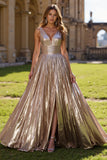 Golden V-Neck Metallic Pleated A Line Long Prom Dress with Slit