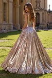 Golden V-Neck Metallic Pleated A Line Long Prom Dress with Slit