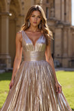 Golden V-Neck Metallic Pleated A Line Long Prom Dress with Slit
