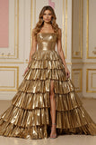 Sparkly Golden Metallic Tiered Strapless Long Prom Dress with Slit