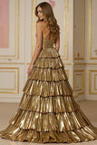 Sparkly Golden Metallic Tiered Strapless Long Prom Dress with Slit