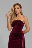 Burgundy Ruched Strapless Long Holiday Party Dress with Slit