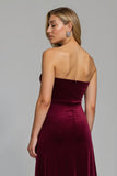 Burgundy Ruched Strapless Long Holiday Party Dress with Slit