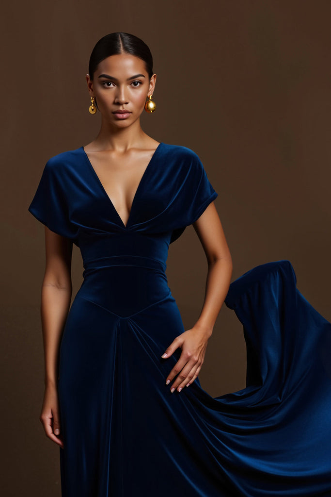 Zapakasa Women Royal Blue Velvet Long Holiday Party Dress with Sleeves