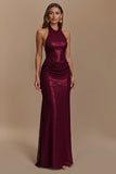 Glitter Burgundy Sheath Backless Halter Long Holiday Party Dress