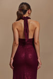 Glitter Burgundy Sheath Backless Halter Long Holiday Party Dress