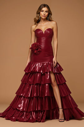 Metallic Burgundy Tiered A Line Long Prom Dress with Slit