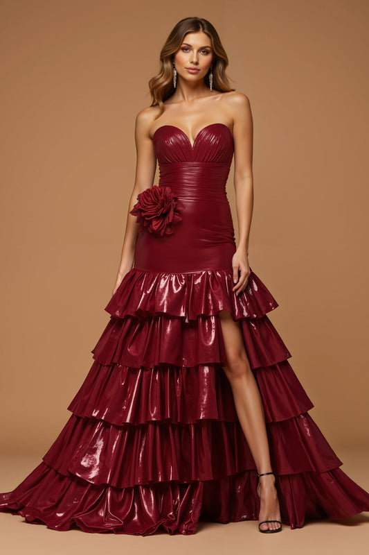 Metallic Burgundy Tiered A Line Long Prom Dress with Slit