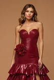 Metallic Burgundy Tiered A Line Long Prom Dress with Slit