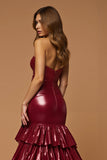 Metallic Burgundy Tiered A Line Long Prom Dress with Slit