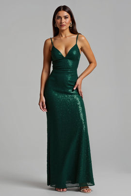 Sparkly Dark Green Sheath V-Neck Long Holiday Party Dress with Slit