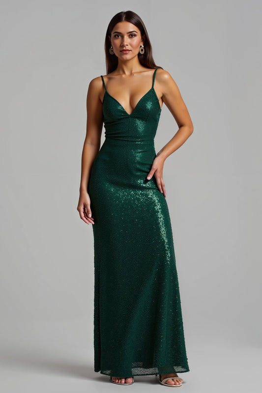 Sparkly Dark Green Sheath V-Neck Long Holiday Party Dress with Slit