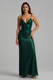Sparkly Dark Green Sheath V-Neck Long Holiday Party Dress with Slit