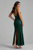 Sparkly Dark Green Sheath V-Neck Long Holiday Party Dress with Slit