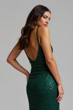 Sparkly Dark Green Sheath V-Neck Long Holiday Party Dress with Slit