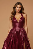 Burgundy Metallic Pleated Halter A Line Long Prom Dress with Slit
