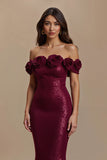 Sparkly Burgundy Mermaid Long Holiday Party Dress with 3D Flower