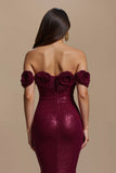 Sparkly Burgundy Mermaid Long Holiday Party Dress with 3D Flower
