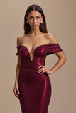 Burgundy Sparkly Mermaid Off The Shoulder Long Holiday Party Dress