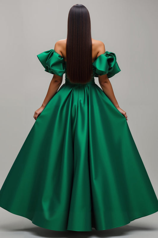 Dark Green Satin Off the Shoulder Long Prom Dress with Sleeves