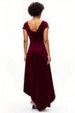 Burgundy Boat Neck Ruched Asymmetrical Holiday Party Dress with Sleeves