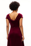 Burgundy Boat Neck Ruched Asymmetrical Holiday Party Dress with Sleeves